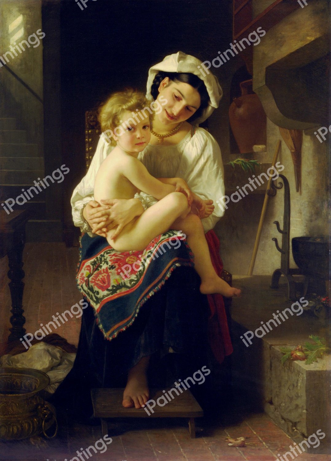 Young Mother Gazing At Her Child. The painting by William-Adolphe Bouguereau