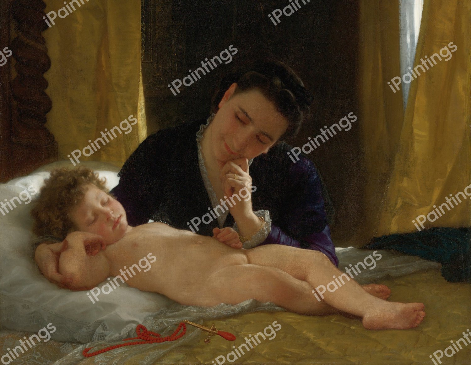 Young Mother Watching her Child. The painting by William-Adolphe Bouguereau