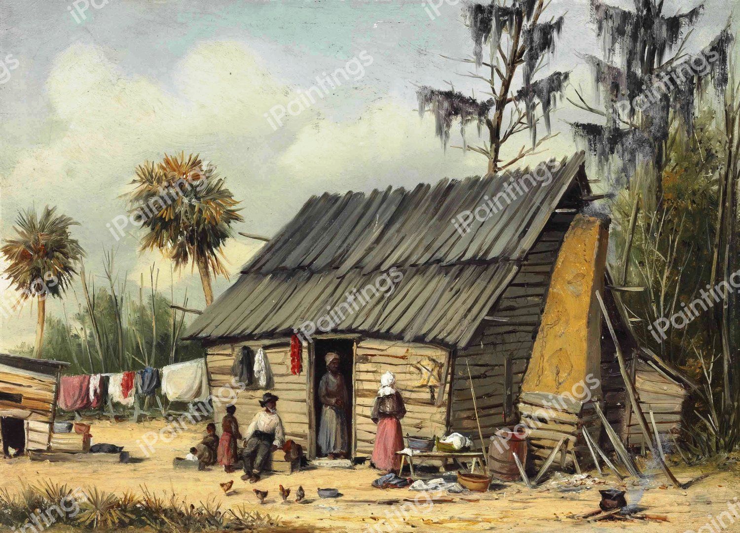 Cabin Scene with Washing on Fence. The painting by William Aiken Walker