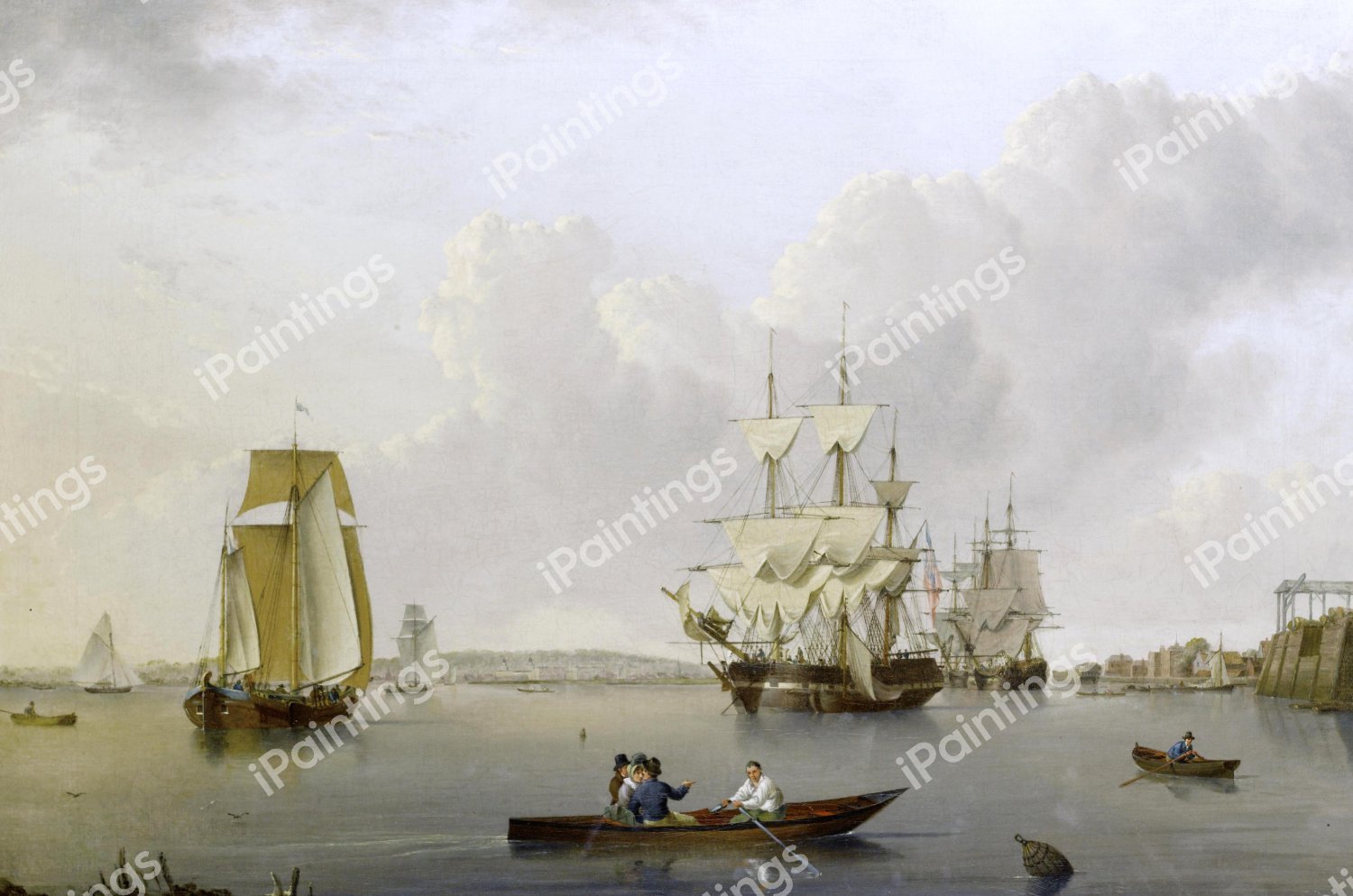 Merchant Ships and Indiamen Lying off the Isle of Dogs. The painting by William Anderson