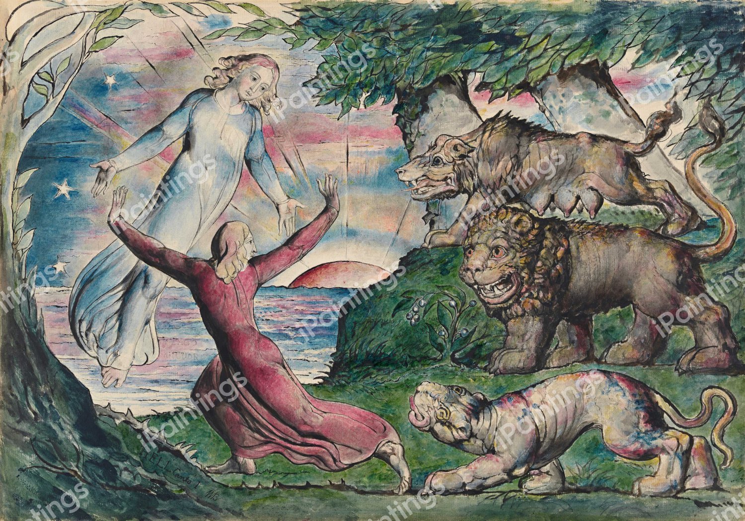 Dante Running from the Three Beasts. The painting by William Blake