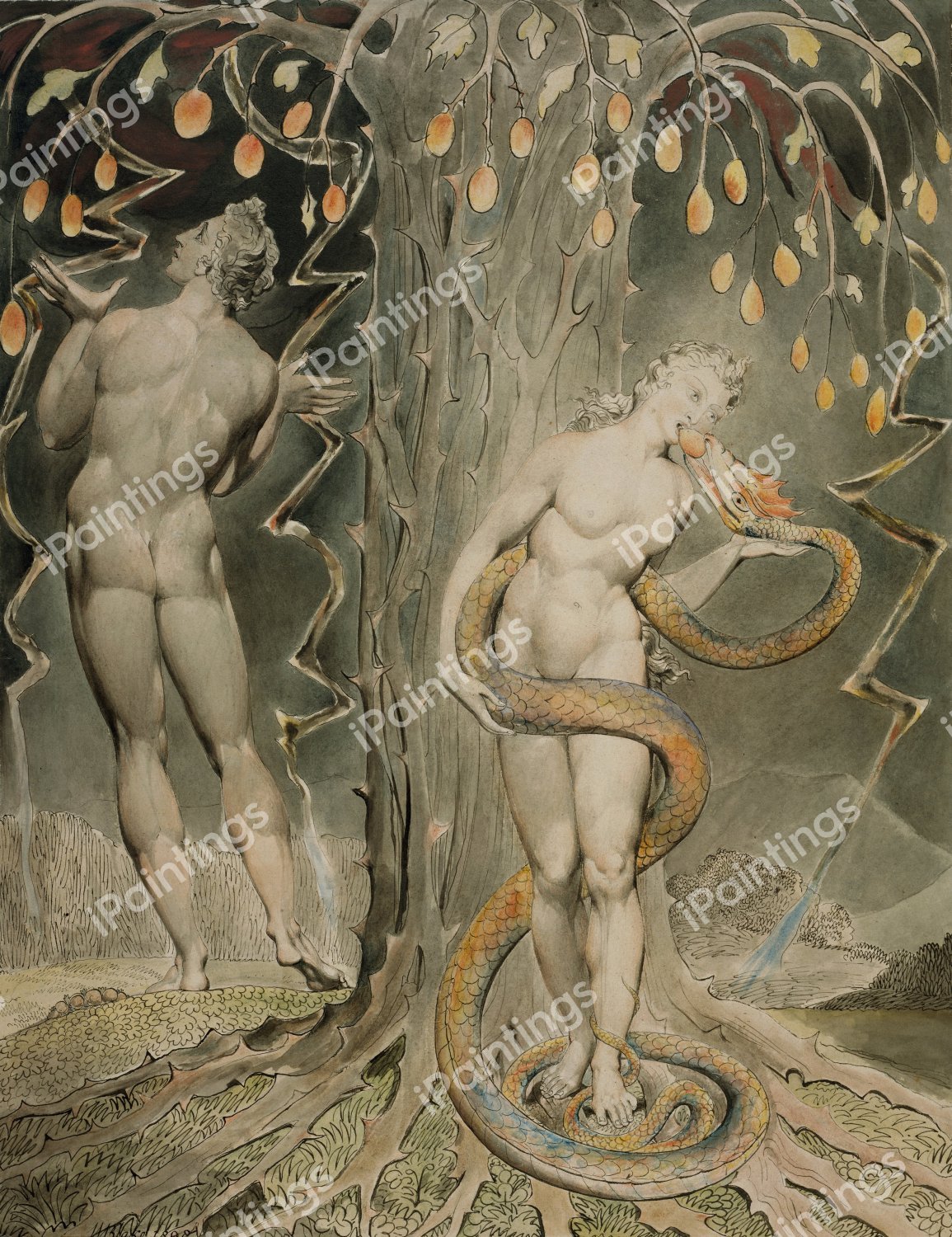 The Temptation and Fall of Eve . The painting by William Blake