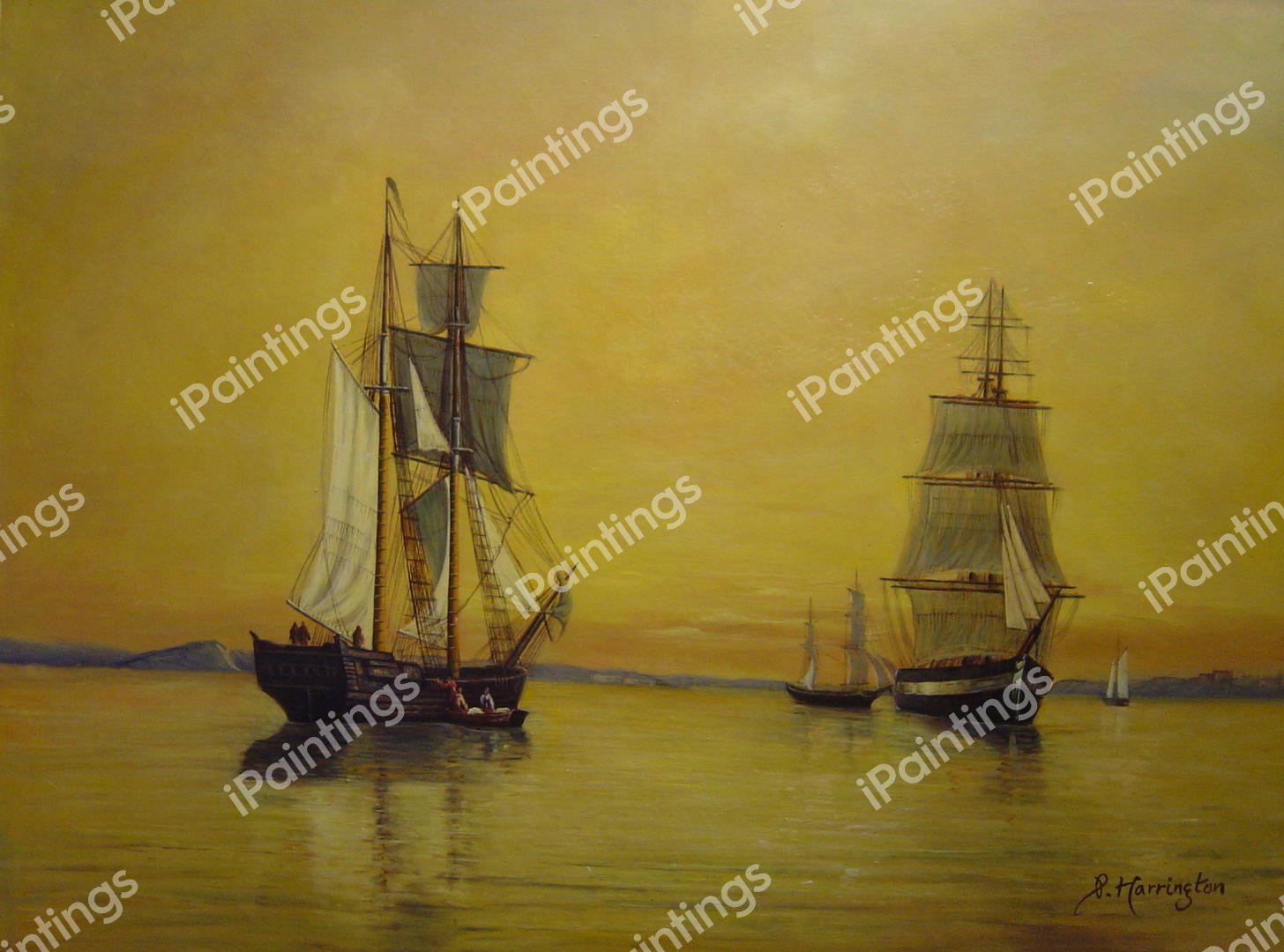 Ships In Boston Harbor At Twilight. The painting by William Bradford