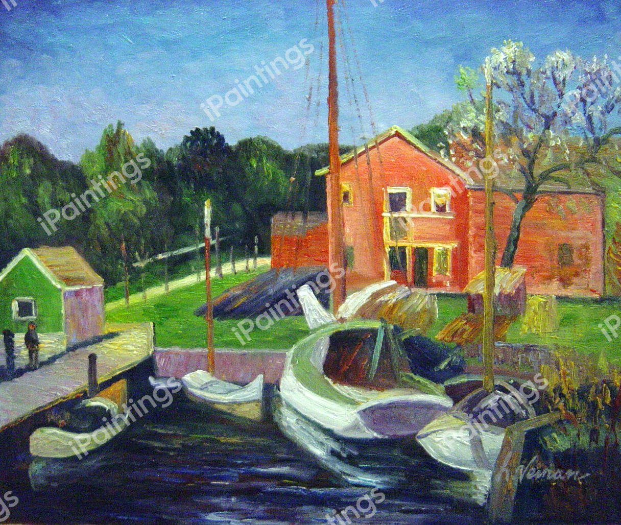 Boats And Pink House. The painting by William Glackens