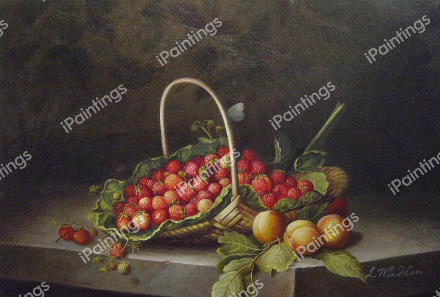 Basket Of Strawberries And Peaches On A Stone Ledge. The painting by William Hammer