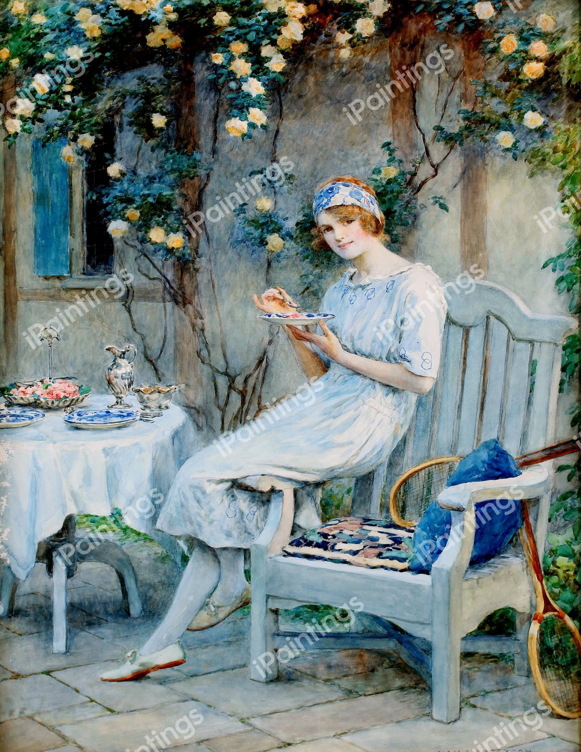 A Woman on the Terrace. The painting by William Henry Margetson