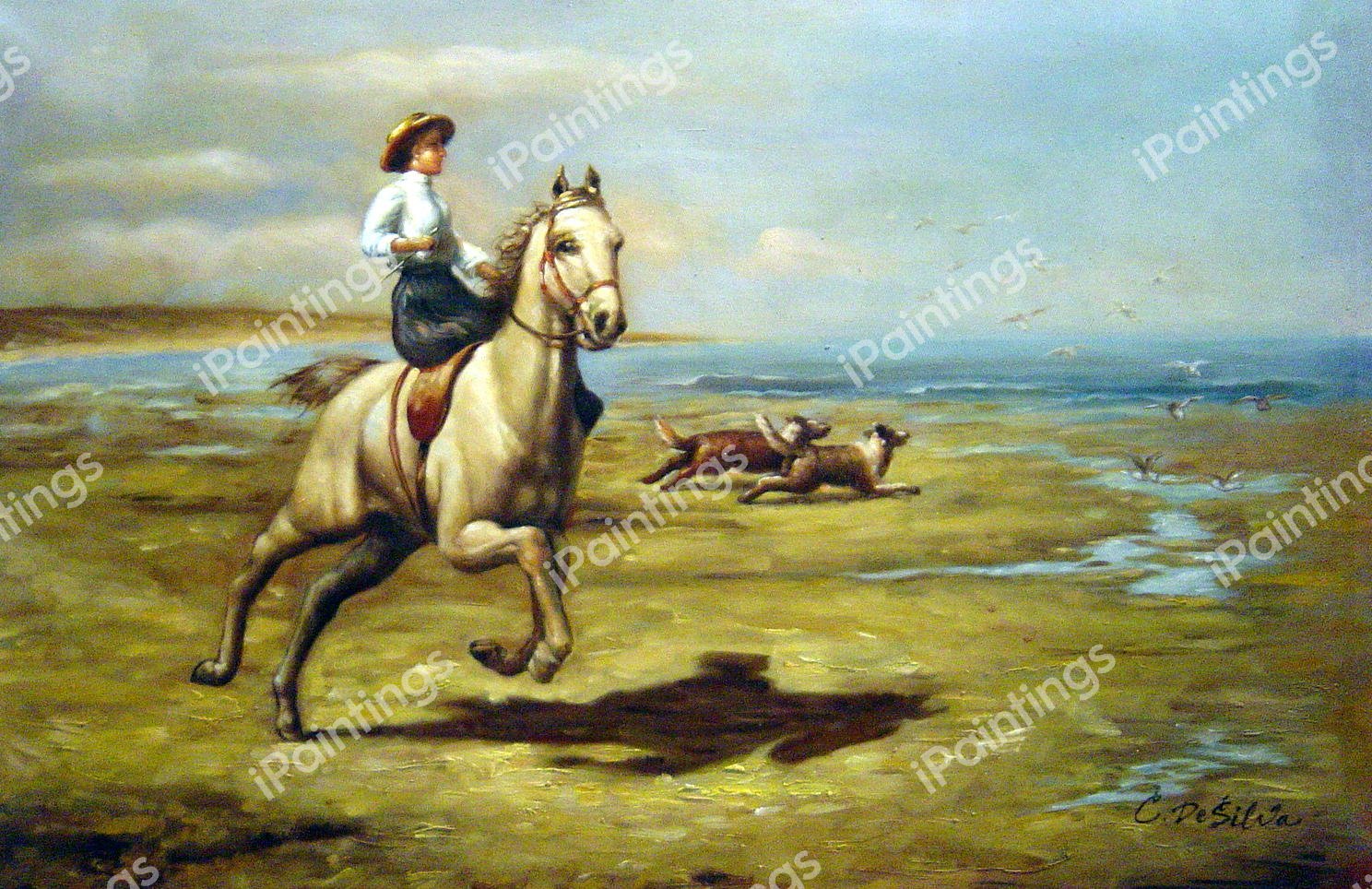 Lady Riding Sidesaddle With Her Collies At The Shore. The painting by William Hounsom Byles