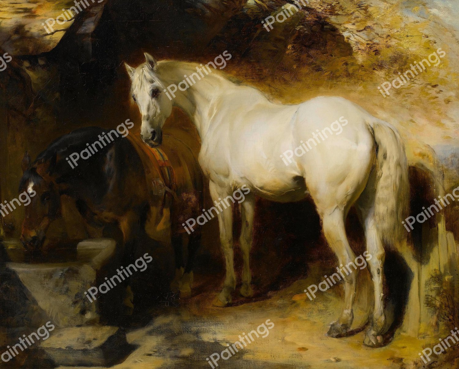 Horses Watering. The painting by William Huggins