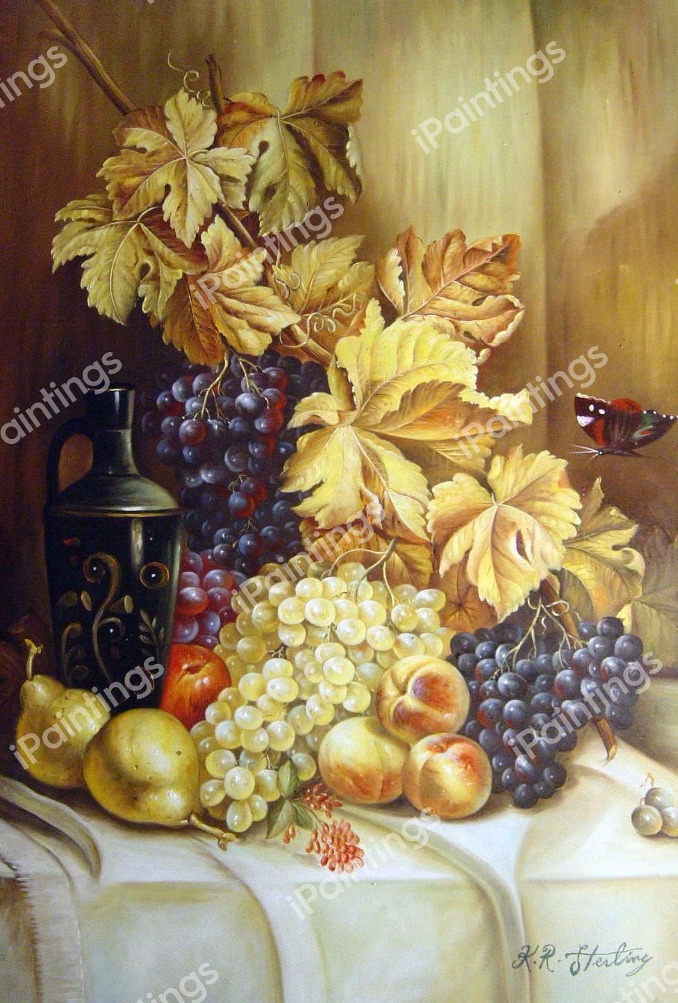 A Still Life With Grapes, Pears, Peaches, An Urn And A Butterfly. The painting by William Hughes