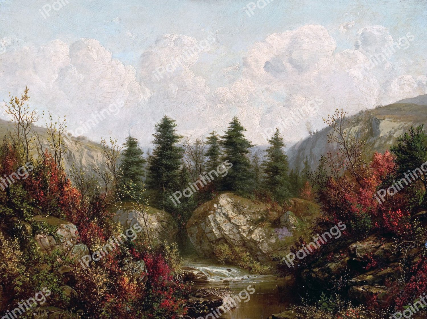 River Through an Autumn Forest. The painting by William Mason Brown
