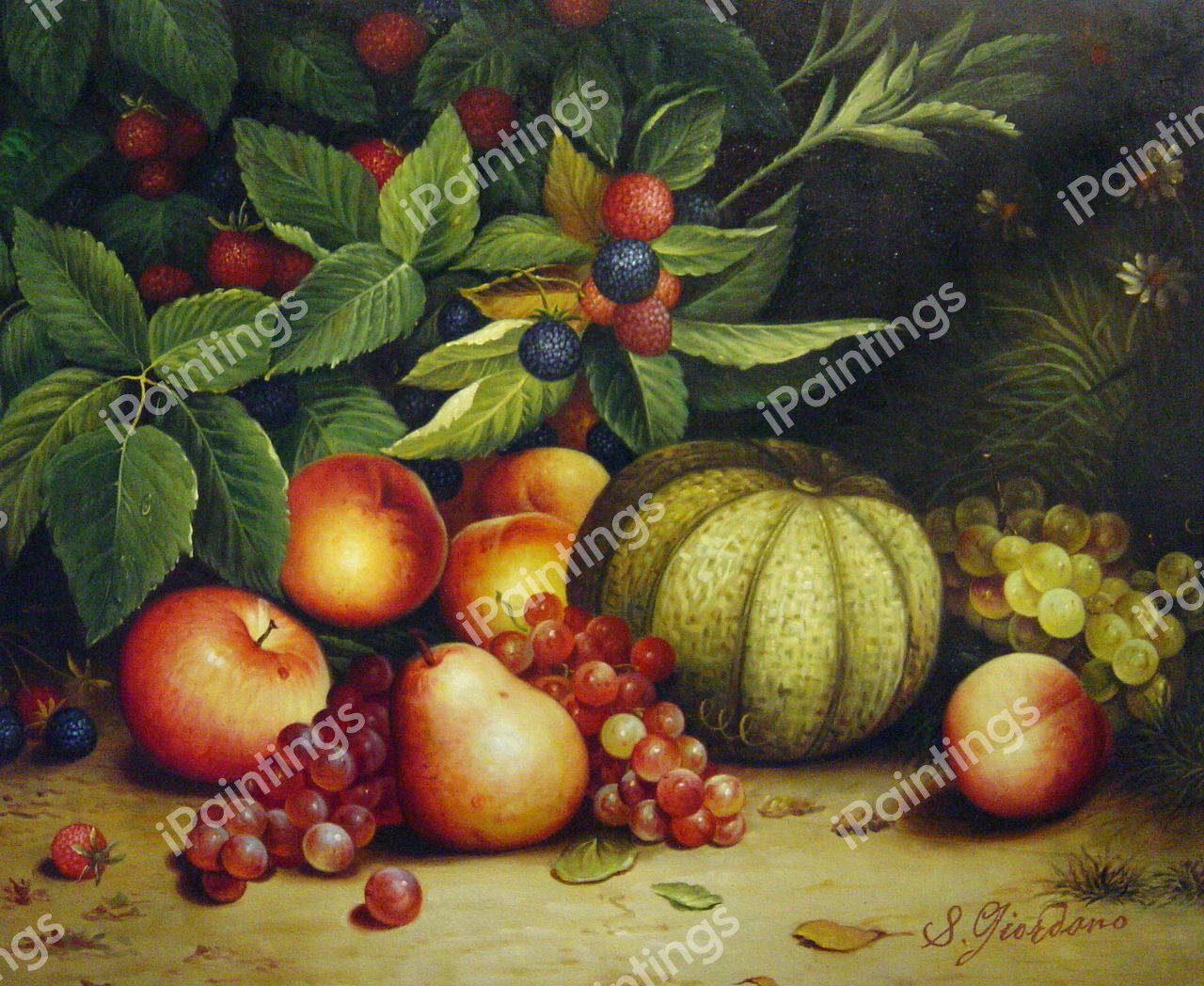 Still Life Of Melon, Grapes, Peaches, Pears & Black Raspberries. The painting by William Mason Brown