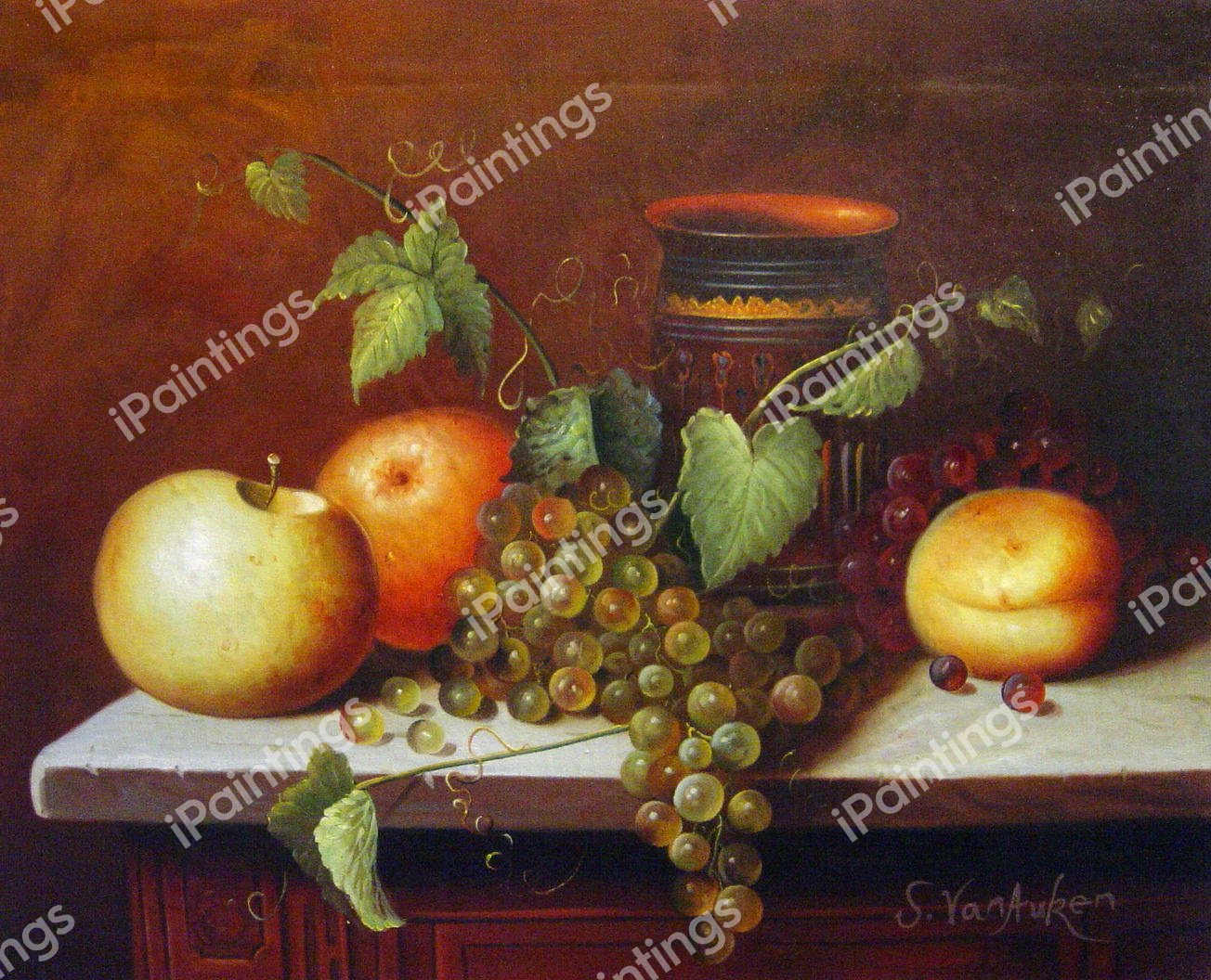 A Still Life With Fruit And Vase. The painting by William Michael Harnett