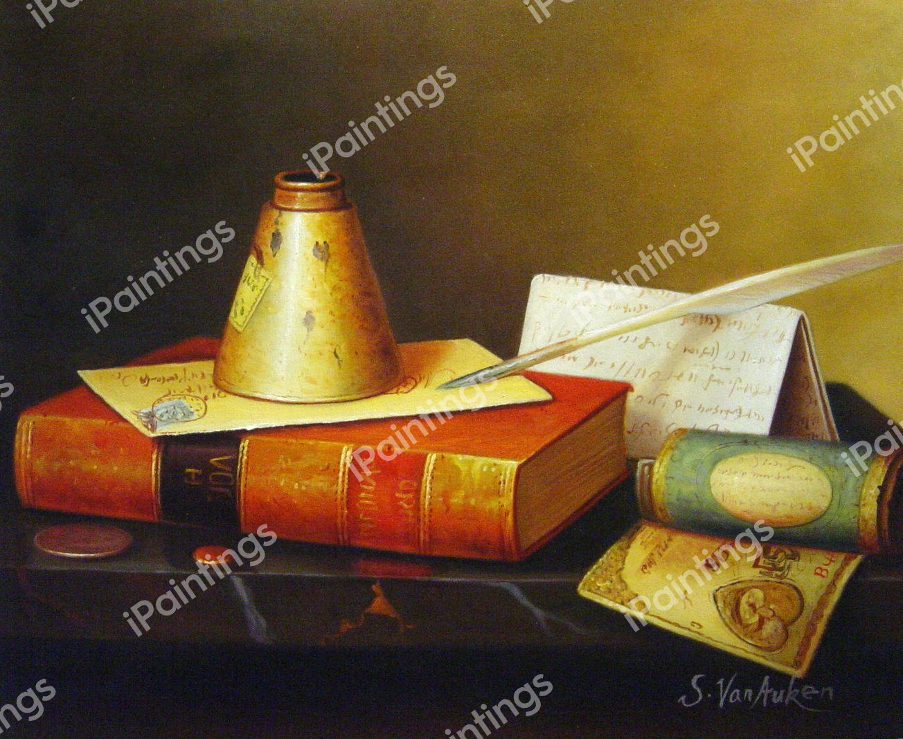 A Still Life Writing Table. The painting by William Michael Harnett