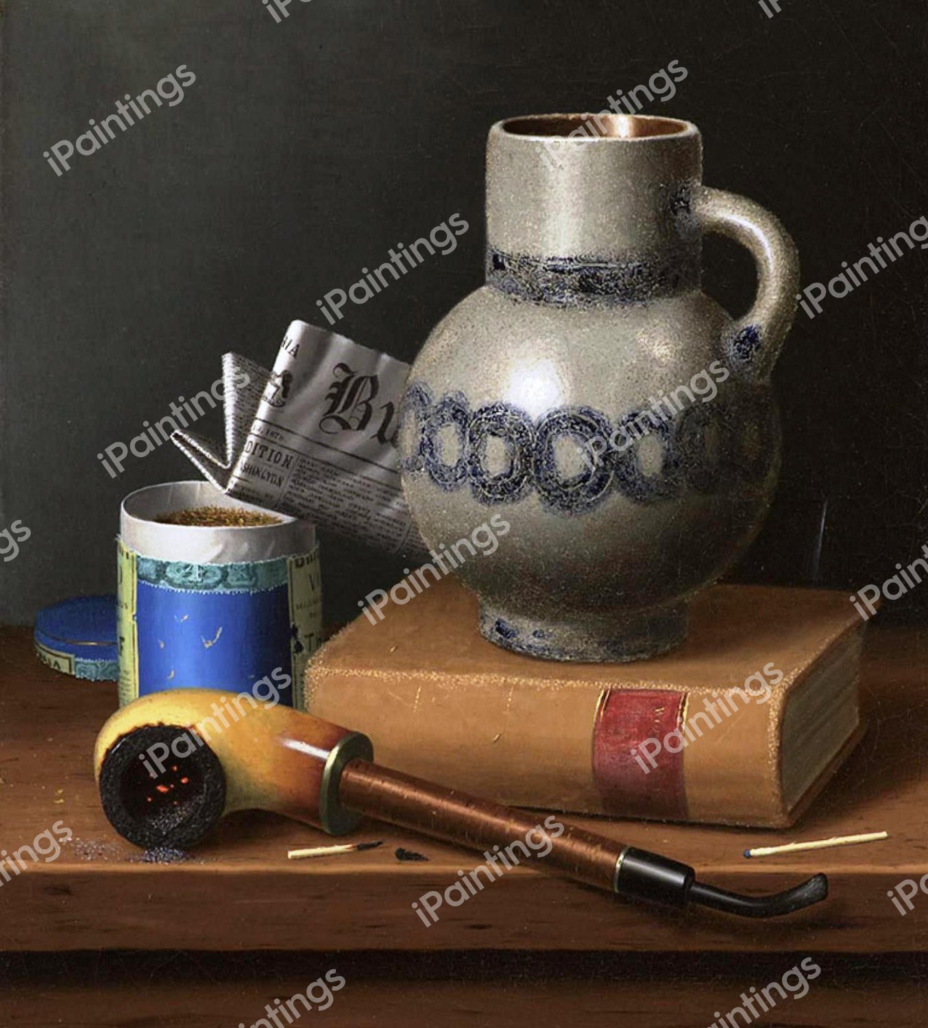 Still Life with Book, Jug, Pipe, Tobacco and Matches with a Newspaper. The painting by William Michael Harnett