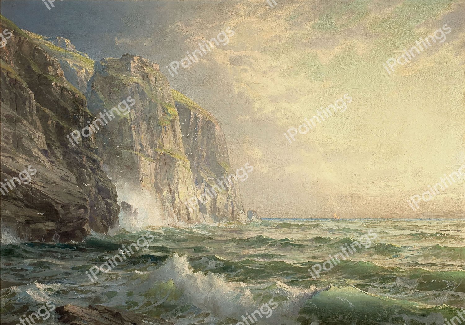 Rocky Cliff with Stormy Sea Cornwall. The painting by William Trost Richards