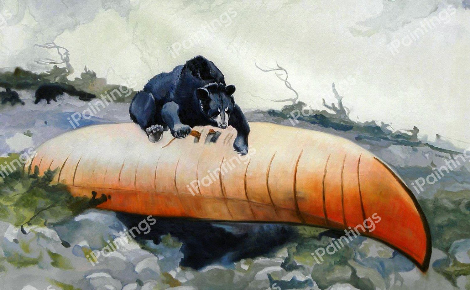 Bear and Canoe. The painting by Winslow Homer