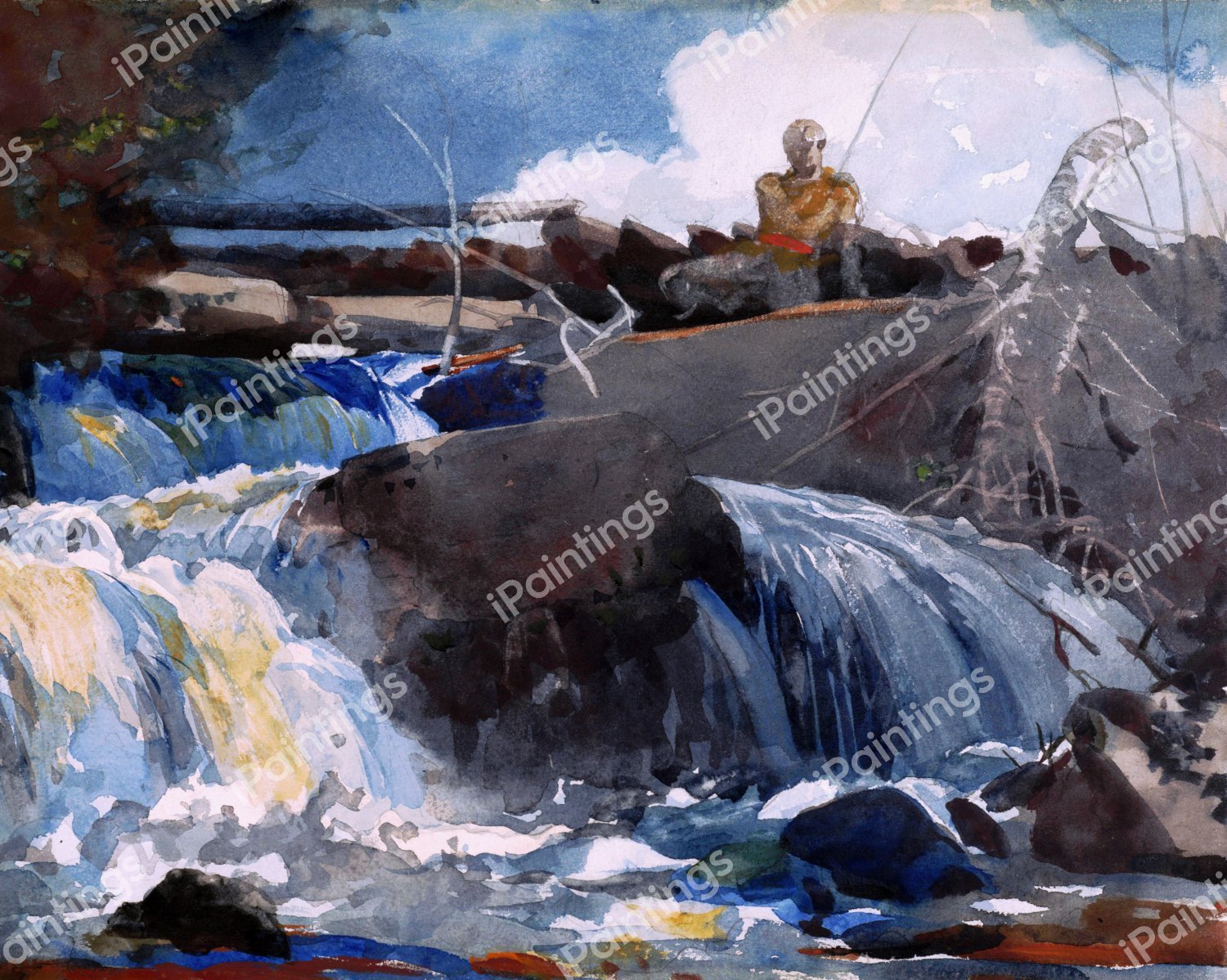 Casting in the Falls. The painting by Winslow Homer