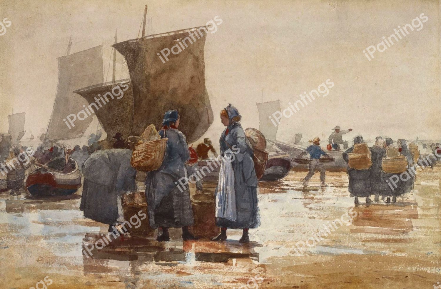 Fisherfolk on the Beach at Cullercoats. The painting by Winslow Homer