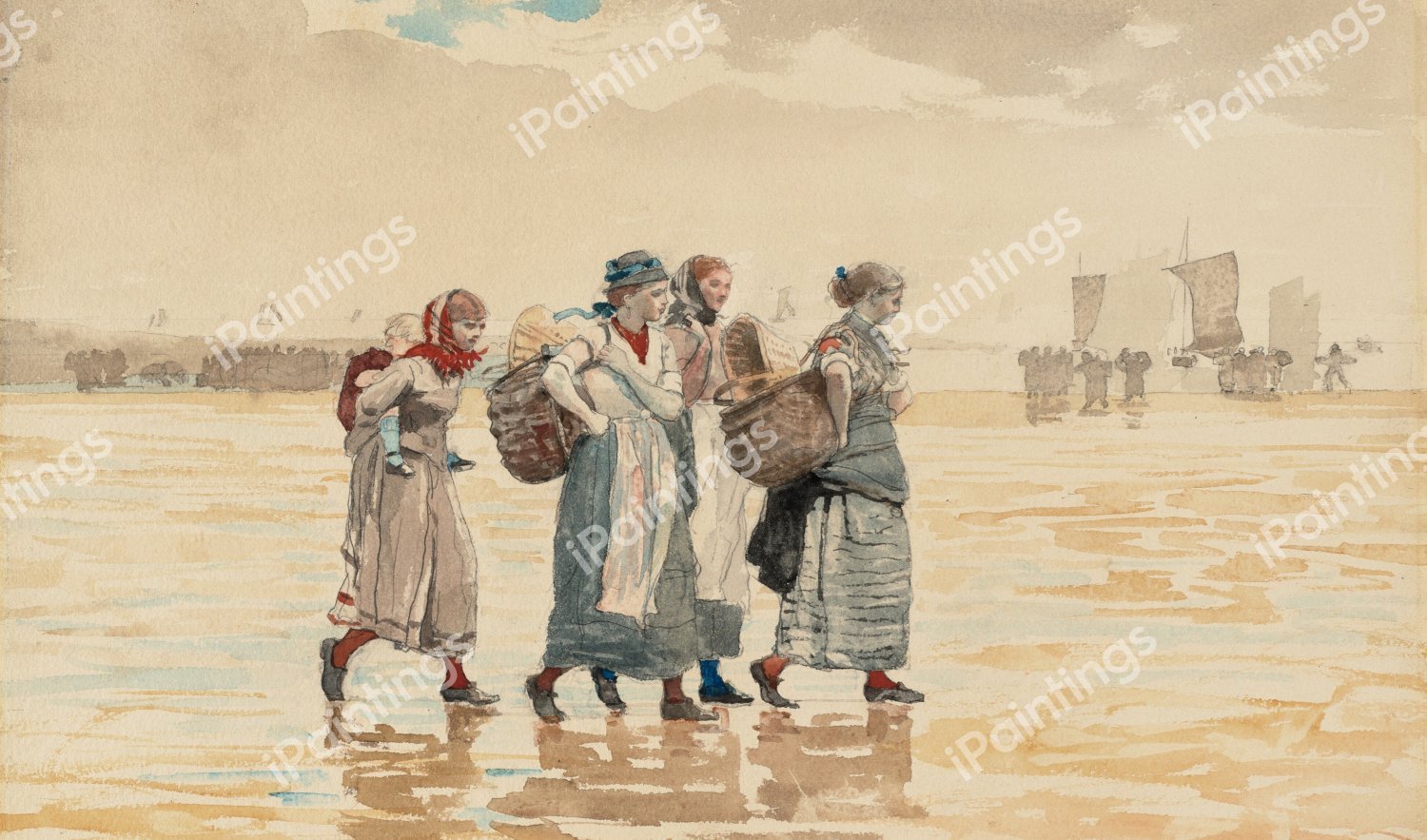 Four Fishwives on the Beach. The painting by Winslow Homer