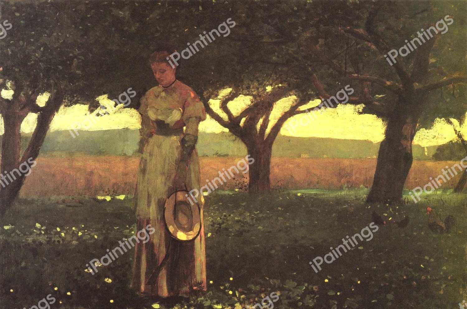 Girl in the Orchard. The painting by Winslow Homer