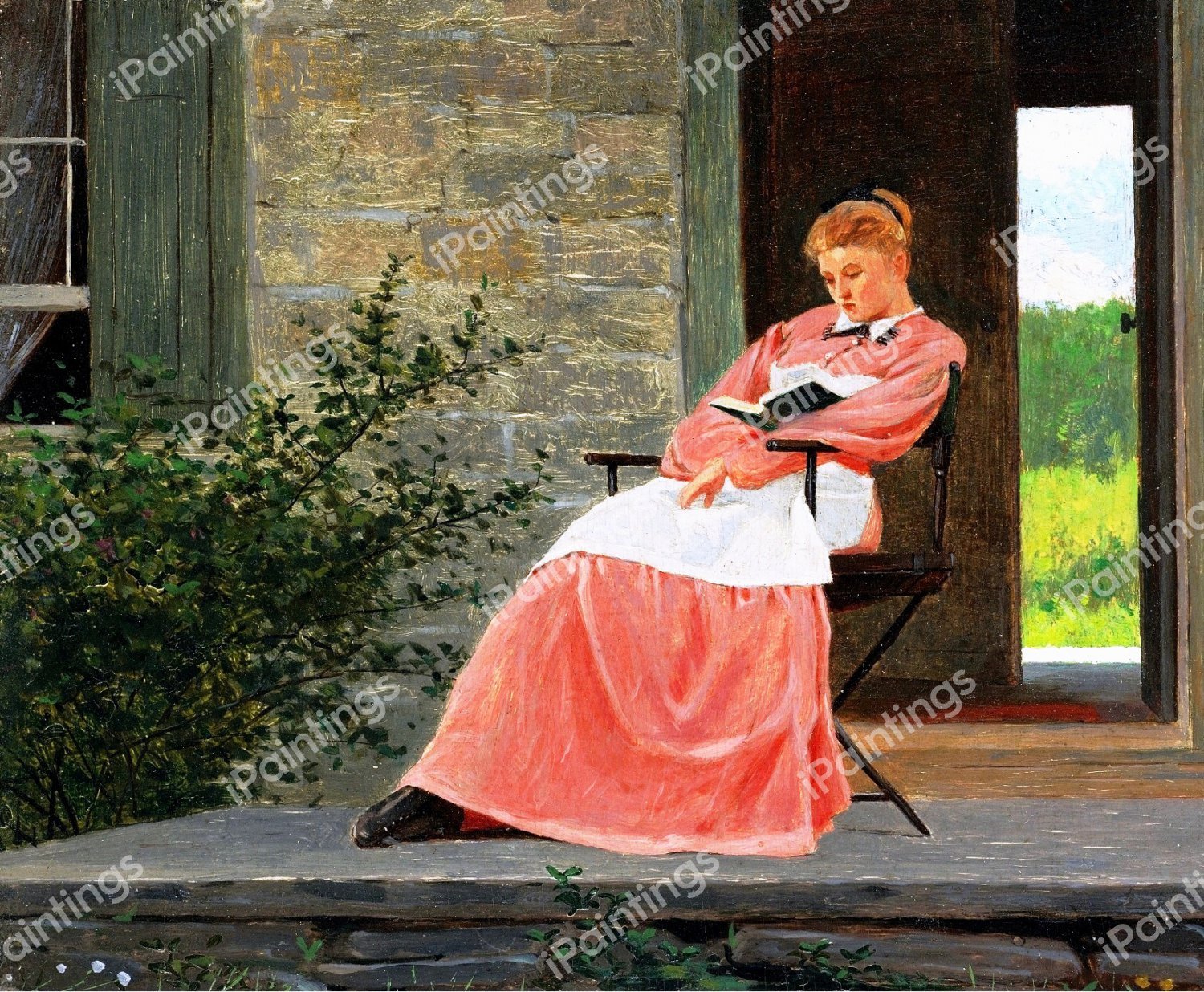 Girl Reading on a Stone Porch. The painting by Winslow Homer