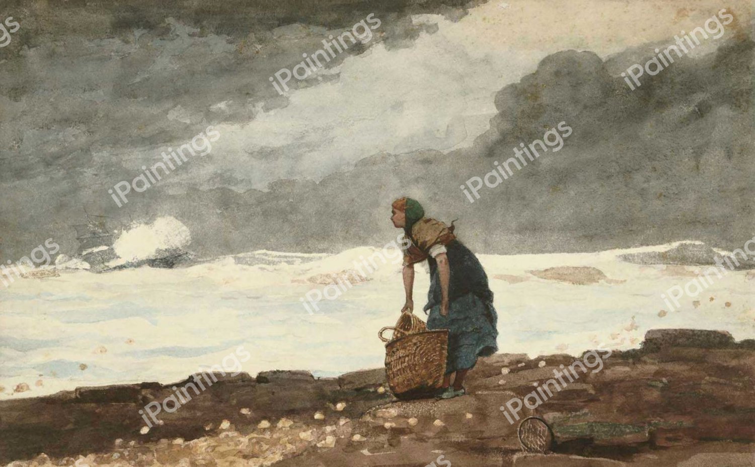 Girl with Red Stockings. The painting by Winslow Homer