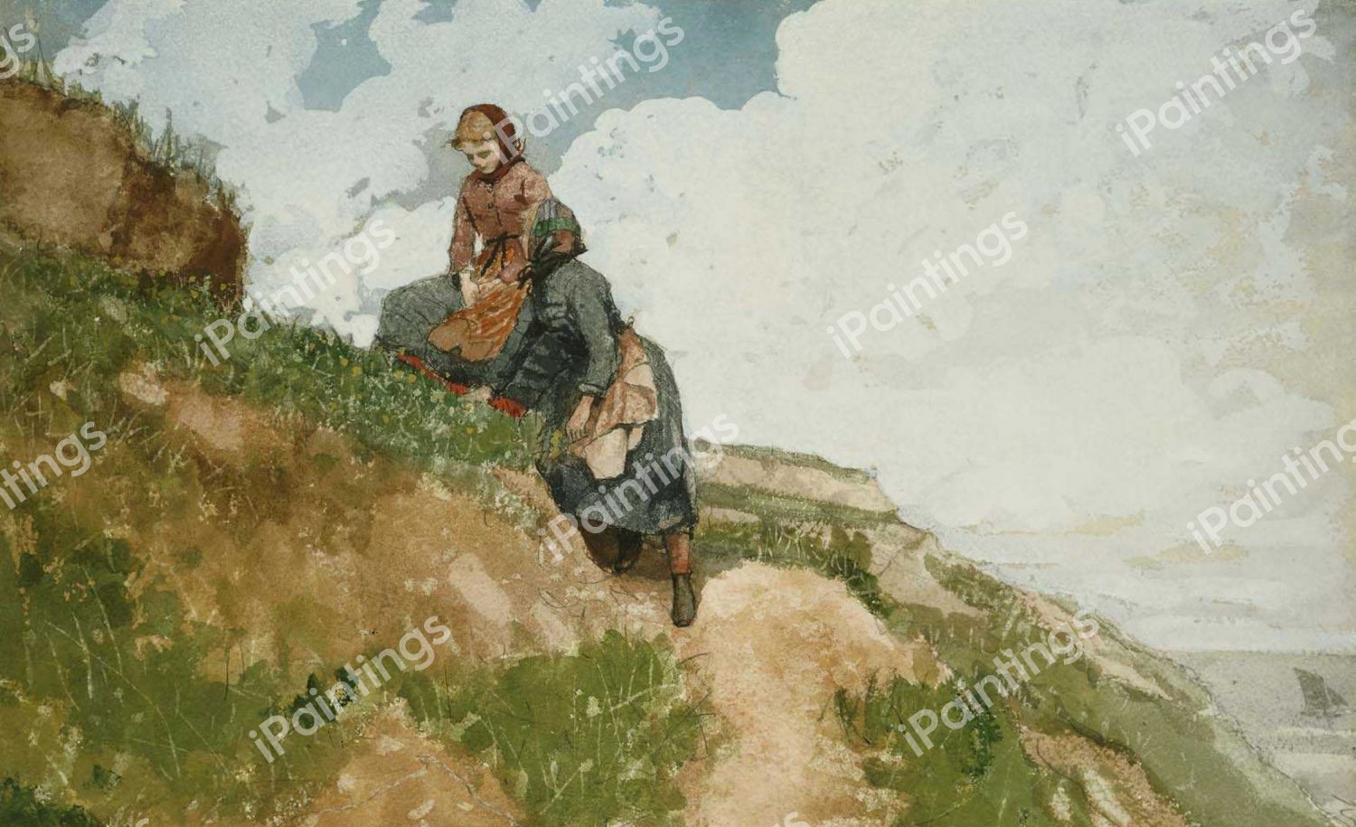 Girls on a Cliff. The painting by Winslow Homer