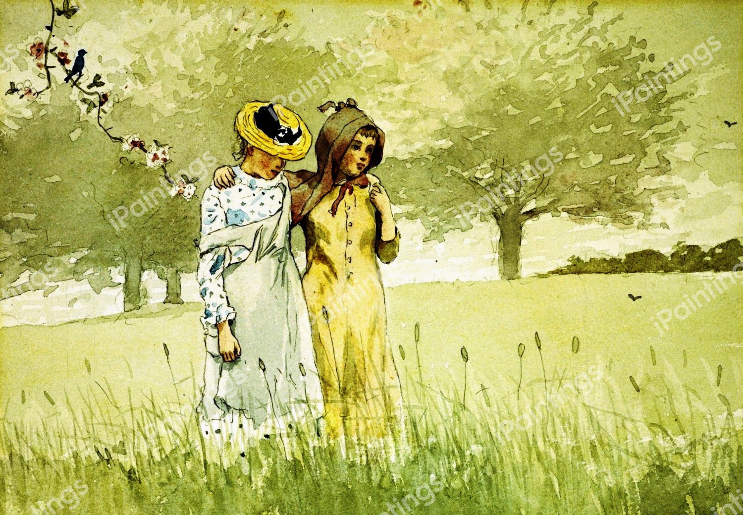 Girls Strolling in an Orchard. The painting by Winslow Homer