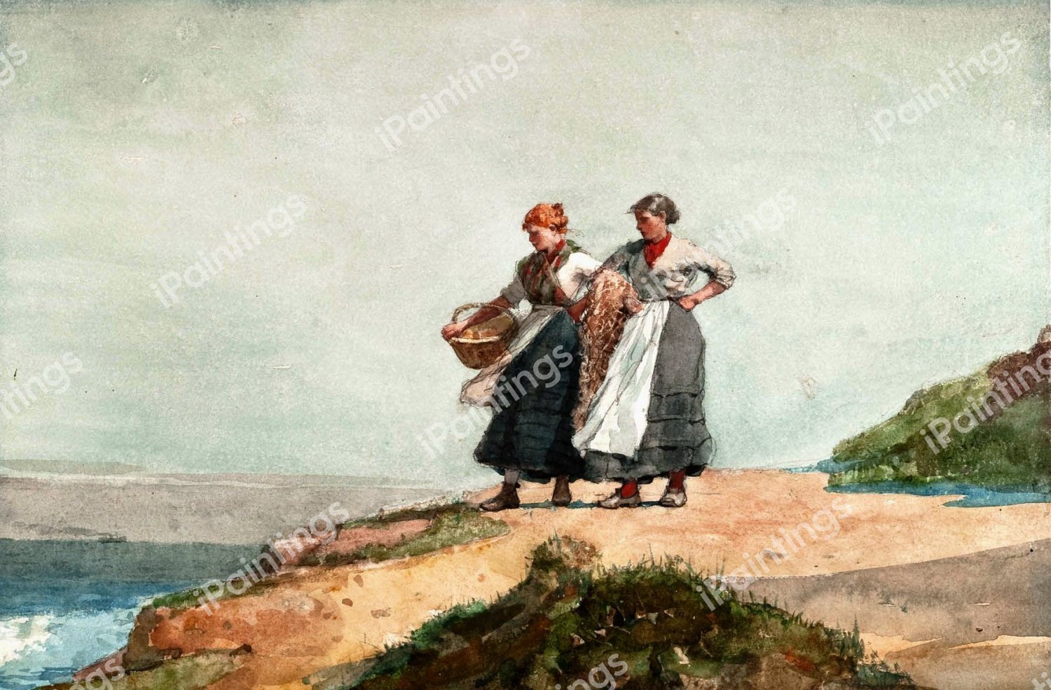 Looking Out to Sea, Cullercoats. The painting by Winslow Homer