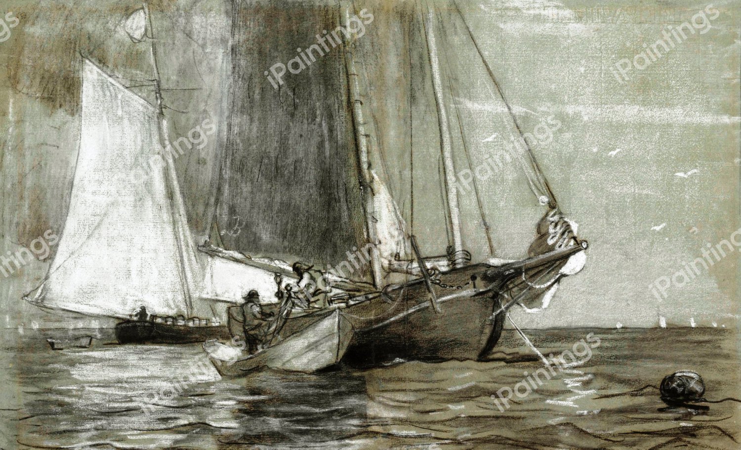 Schooner at Anchor. The painting by Winslow Homer