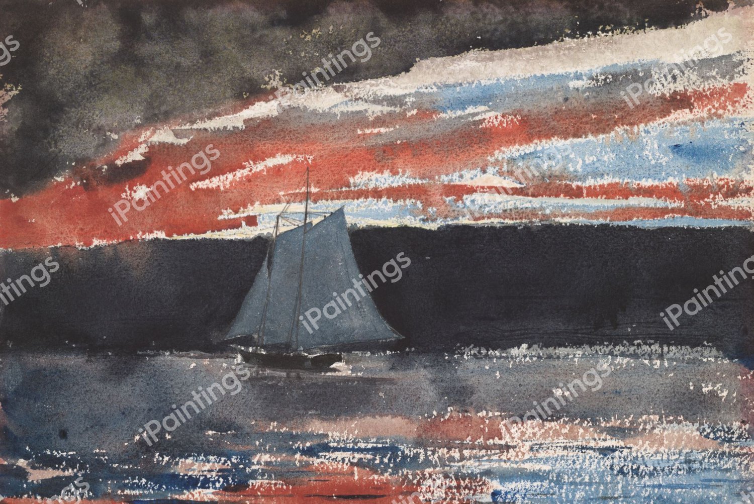 Schooner at Sunset. The painting by Winslow Homer