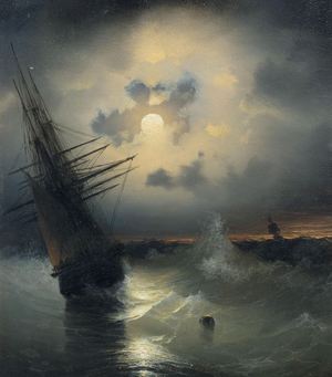 Famous paintings of Ships: A Sailing Ship on a High Sea by Moonlight