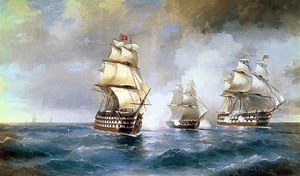 Famous paintings of Ships: Brig Mercury Attacked by Two Turkish Ships