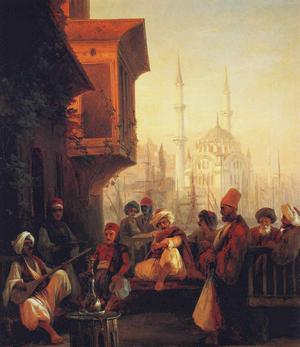 Ivan Konstantinovich Aivazovsky, Coffee House by the Ortakoy Mosque in Constantinople, Painting on canvas