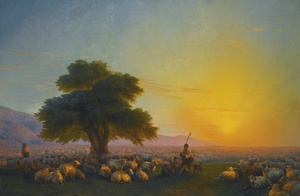 Ivan Konstantinovich Aivazovsky, Shepherds with their Flock at Sunset, Painting on canvas