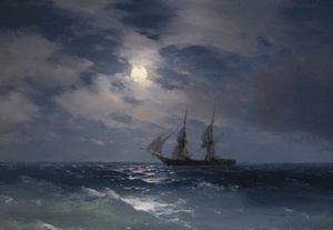 Famous paintings of Ships: The Brig Mercury in Moonlight