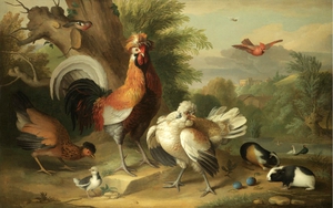 Jakob Bogdany, A Cockerel, Chickens, and other Birds with Guinea Pigs in a Landscape, Painting on canvas