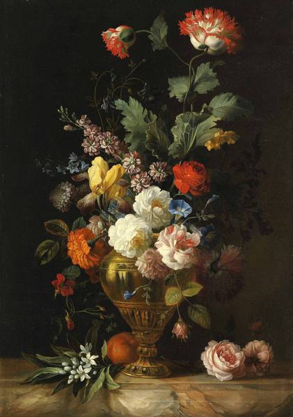 A Still Life of Roses and other Flowers in a Metal Vase on a Marble Ledge. The painting by Jakob Bogdany