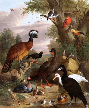 Jakob Bogdany, An Assembly of Birds in a Parkland Landscape, Painting on canvas