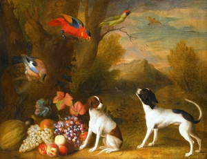 Jakob Bogdany, Landscape with Exotic Birds and Two Dogs, Painting on canvas