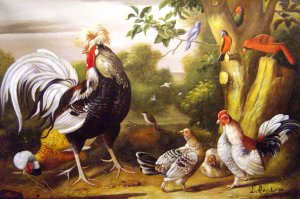 Jakob Bogdany, Poultry And Other Birds In The Garden Of A Mansion, Painting on canvas