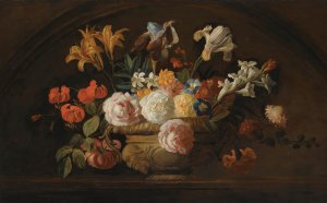 Jakob Bogdany, Still Life of Flowers in a Vase on a Marble Shelf, Painting on canvas
