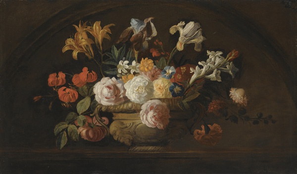 Still Life of Flowers in a Vase on a Marble Shelf. The painting by Jakob Bogdany