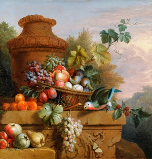 Jakob Bogdany, Still Life with Fruit Basket and Parrot, Painting on canvas