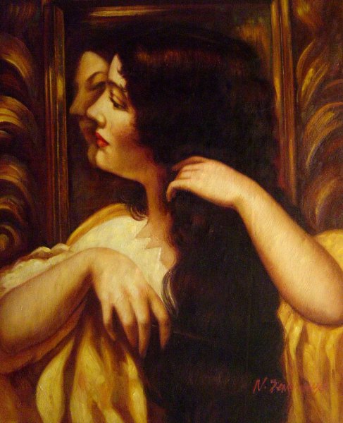 Brunette Combing Her Hair. The painting by James Carroll Beckwith