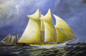 James Edward Buttersworth, America's Cup Class Yachts Racing In New York Harbor, Painting on canvas