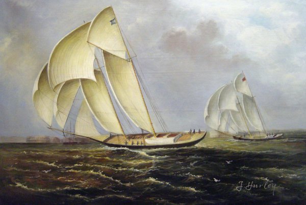 America's Cup Class Yachts Racing In New York Harbor. The painting by James Edward Buttersworth