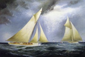 James Edward Buttersworth, Mayflower And Puritan, America's Cup Trial, Painting on canvas