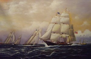 James Edward Buttersworth, Racing Off Sandy Hook, Painting on canvas