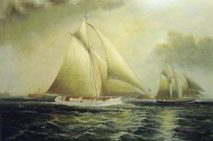 James Edward Buttersworth, Yachting In New York Harbor, Painting on canvas